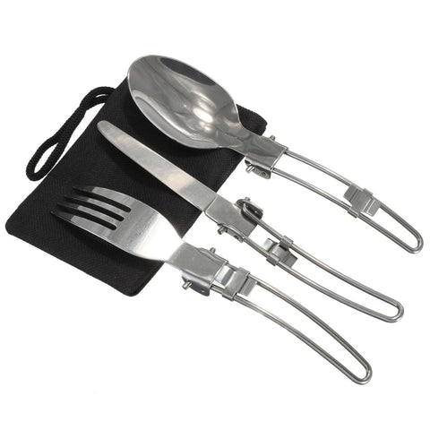 3 pcs /set Portable Outdoor Camping Travel Picnic Foldable Stainless Steel Cutlery Set Spoon Fork Knife tableware
