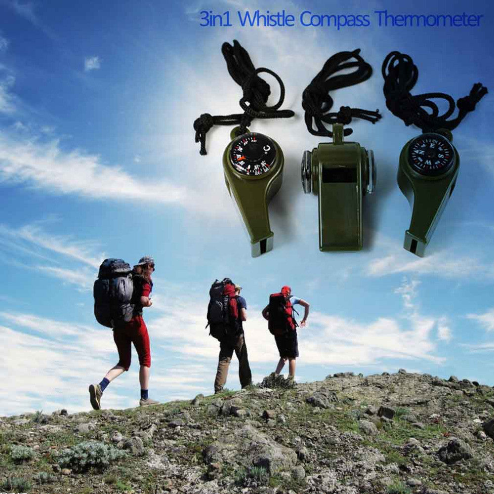 Whistle Compass and Camping Thermometer - 3 in 1 Survival Gear