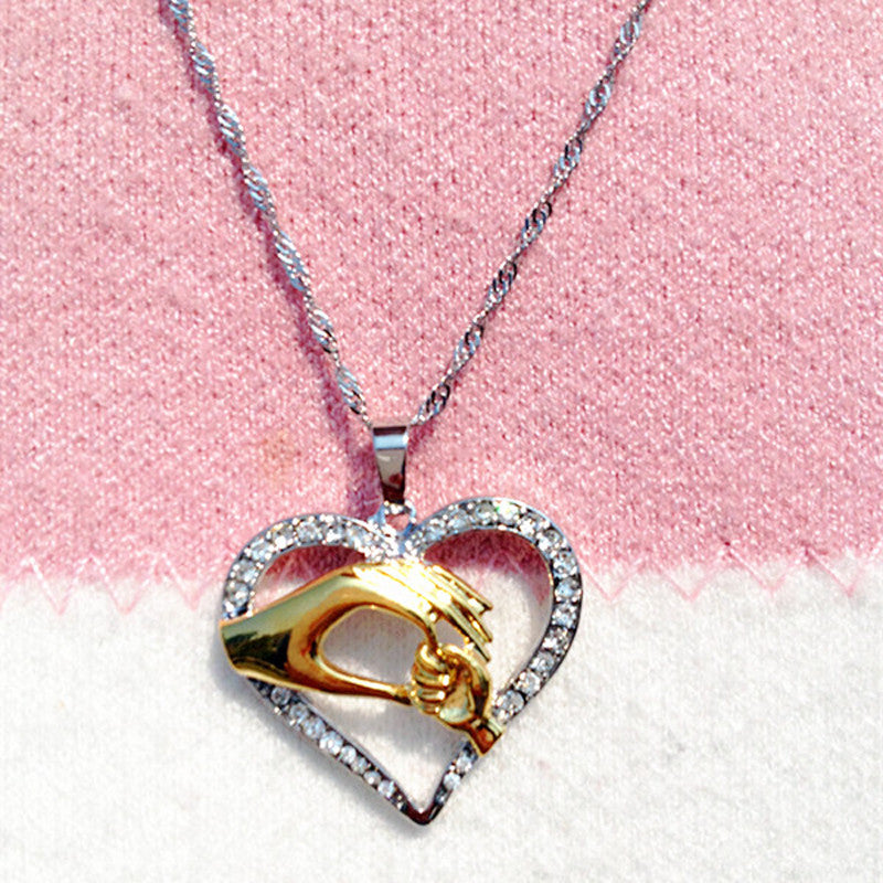 Mother and Child Family Love Heart Hand In Hand Pendant Chain CZ Crystal Necklace