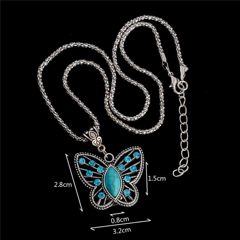 Antique Silver Pendant Necklace Crystal Butterfly Natural Stone Long Necklace Sweater Chain TL186