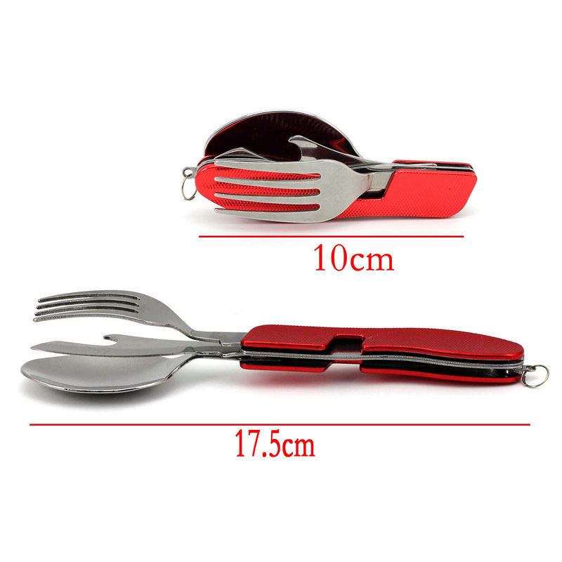 Hot Sale Multi-function Outdoor Camping Picnic Tableware Stainless Steel Cutlery 4 in 1 Folding Spoon Fork Knife&Bottle Opener
