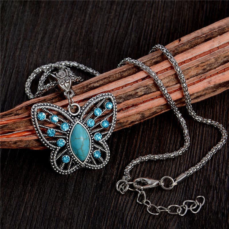 Antique Silver Pendant Necklace Crystal Butterfly Natural Stone Long Necklace Sweater Chain TL186