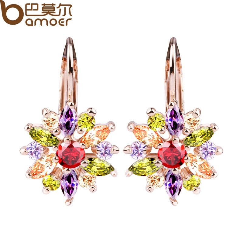 BAMOER 3 Colors Luxury Gold Color Flower Stud Earrings with Zircon Stone Women Birthday Gift Bijouterie JIE014