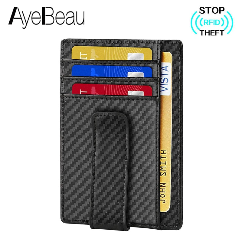 Card Clamp I Purse Holder For Money Clip Case Slim Genuine Leather Carbon Fiber Men Wallet RFID Male With Bills ID Front Pocket