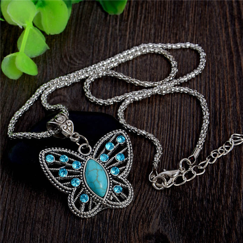 Antique Silver Pendant Necklace Crystal Butterfly Natural Stone Long Necklace Sweater Chain TL186