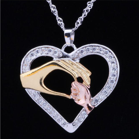 Mother and Child Family Love Heart Hand In Hand Pendant Chain CZ Crystal Necklace