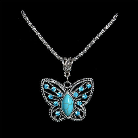Antique Silver Pendant Necklace Crystal Butterfly Natural Stone Long Necklace Sweater Chain TL186