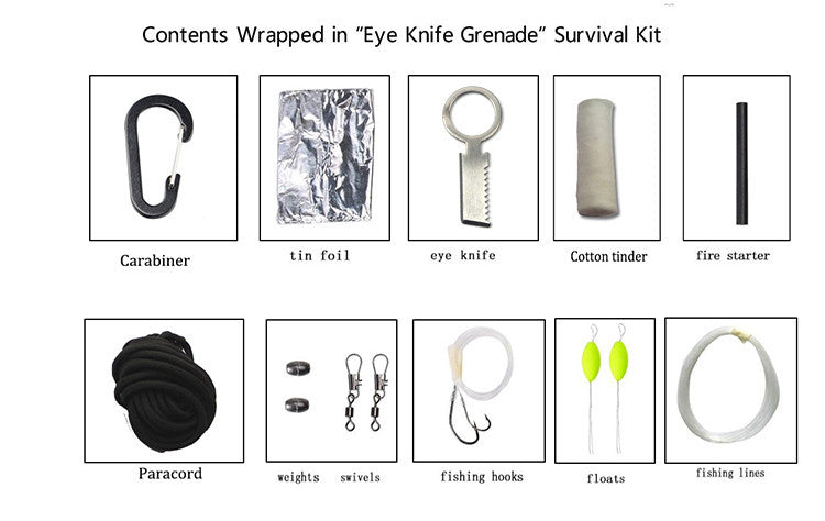 EDC GEAR Carabiner Grenade 550 Paracord Survival Kit Fishing Kit with Fire Starter and Sharp Eye Knife